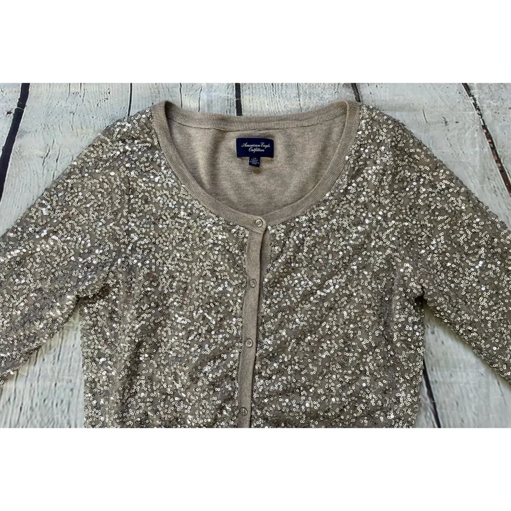 American Eagle Taupe Silver Sequin Cardigan Sweater